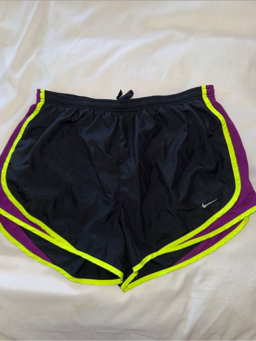 Nike Women’s Black Running Shorts with Purple Panels and Neon Yellow Trim
